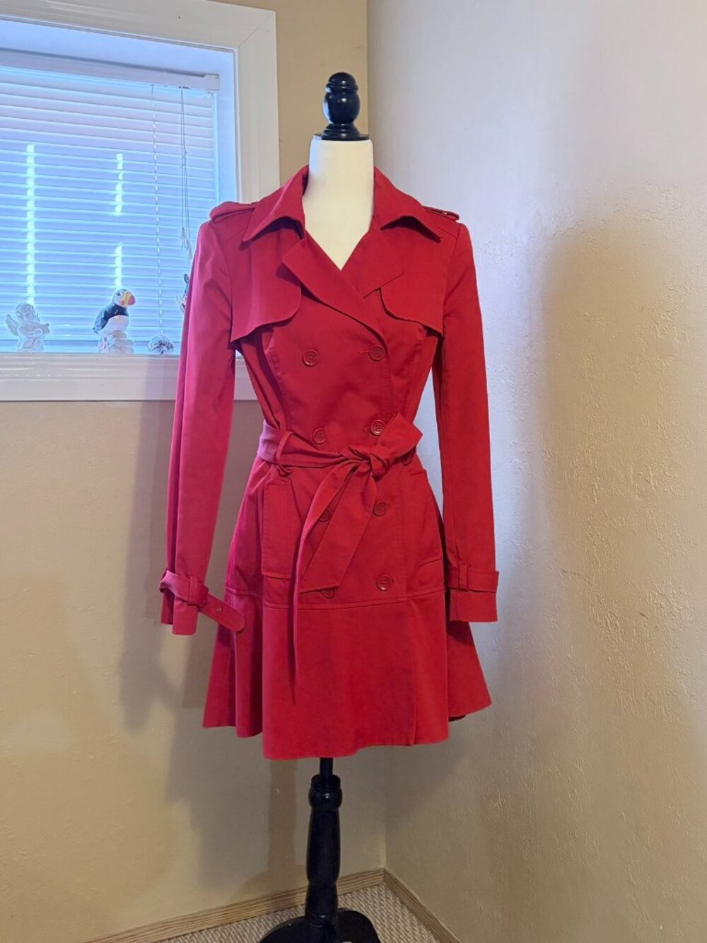 #34 Women's bebe Double Breasted Belted Trench Coat, Red, Size S